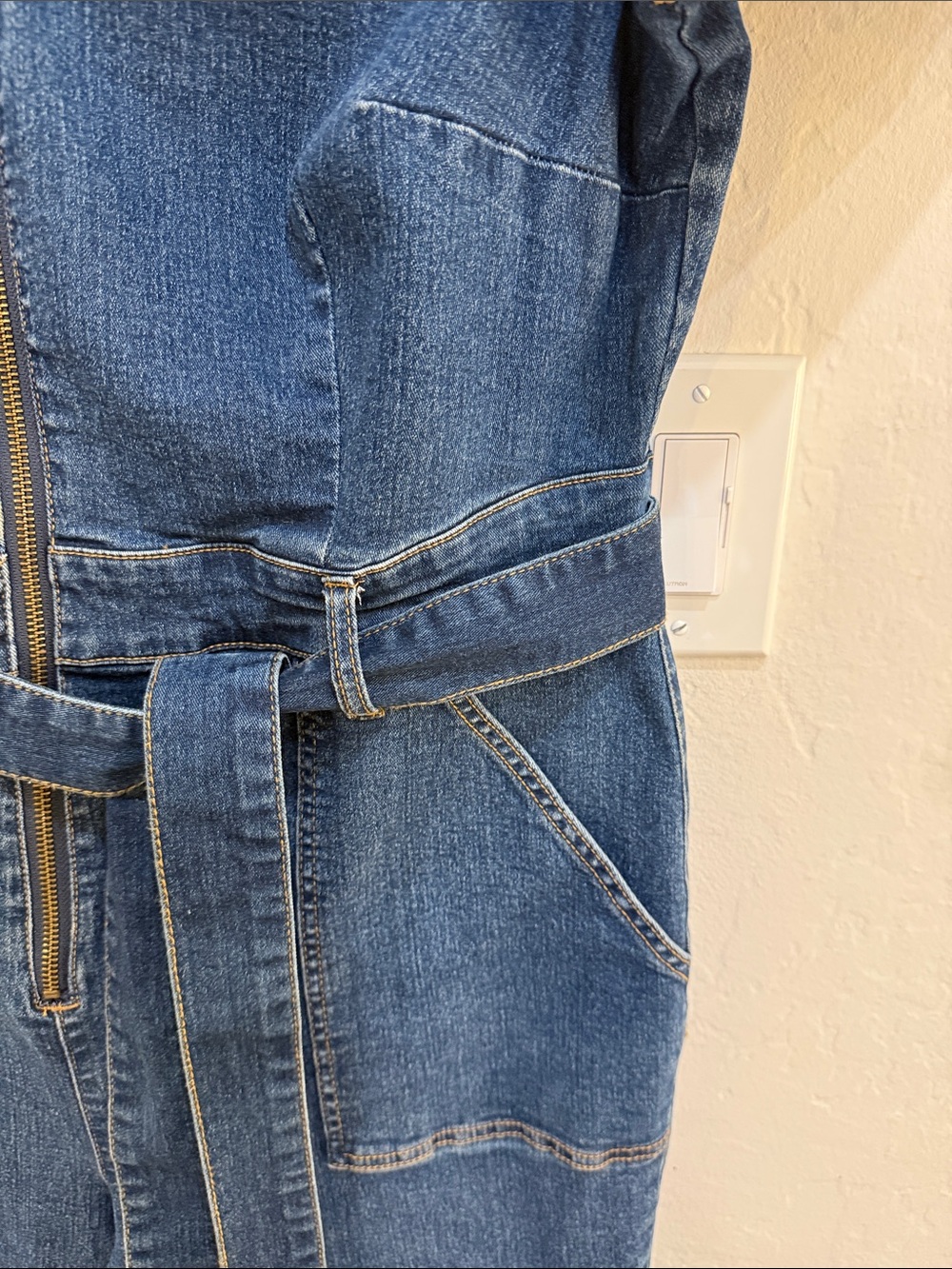Ava & Viv Indigo Short-Sleeve Denim Jumpsuit with Tie Belt - Picture 3 of 5